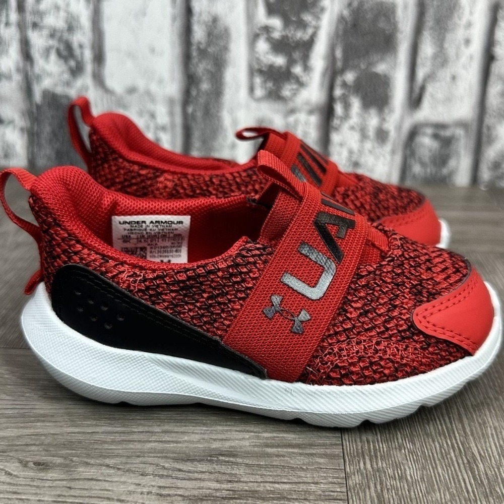 Under Armour Runplay Toddler 5K Red‎ Black Slip On Sneakers NEW 3026530-600